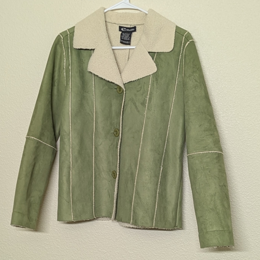 Coldwater Creek Green Teddy Jacket with Cream Trim